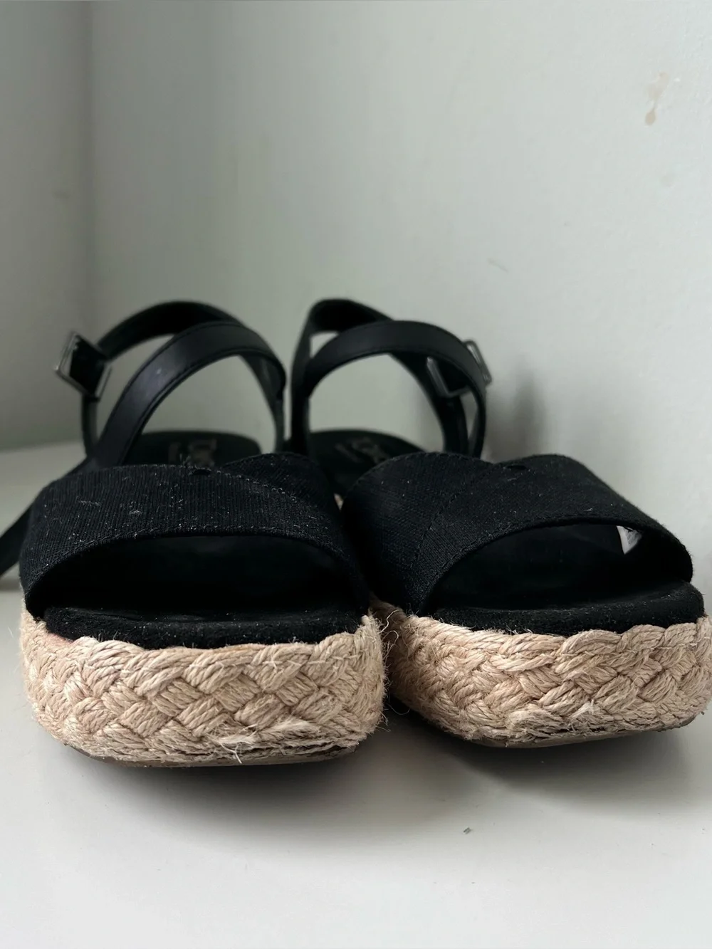 Toms Black Platform Espadrille Sandals with Braided Jute Sole - Women